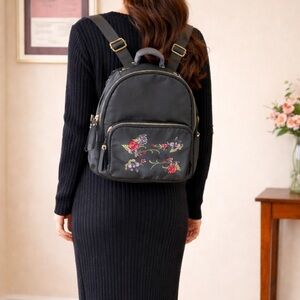 NEW Black satin backpack embroidered floral Kiss Me Couture size 11”x10”x3”